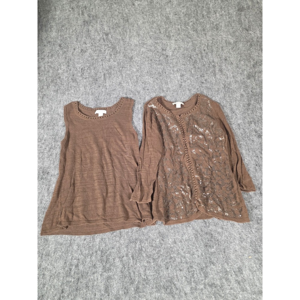 Coldwater Creek Twinset Cardigan Tank Top Set Womens M Brown Sequin Knit 2 Piece